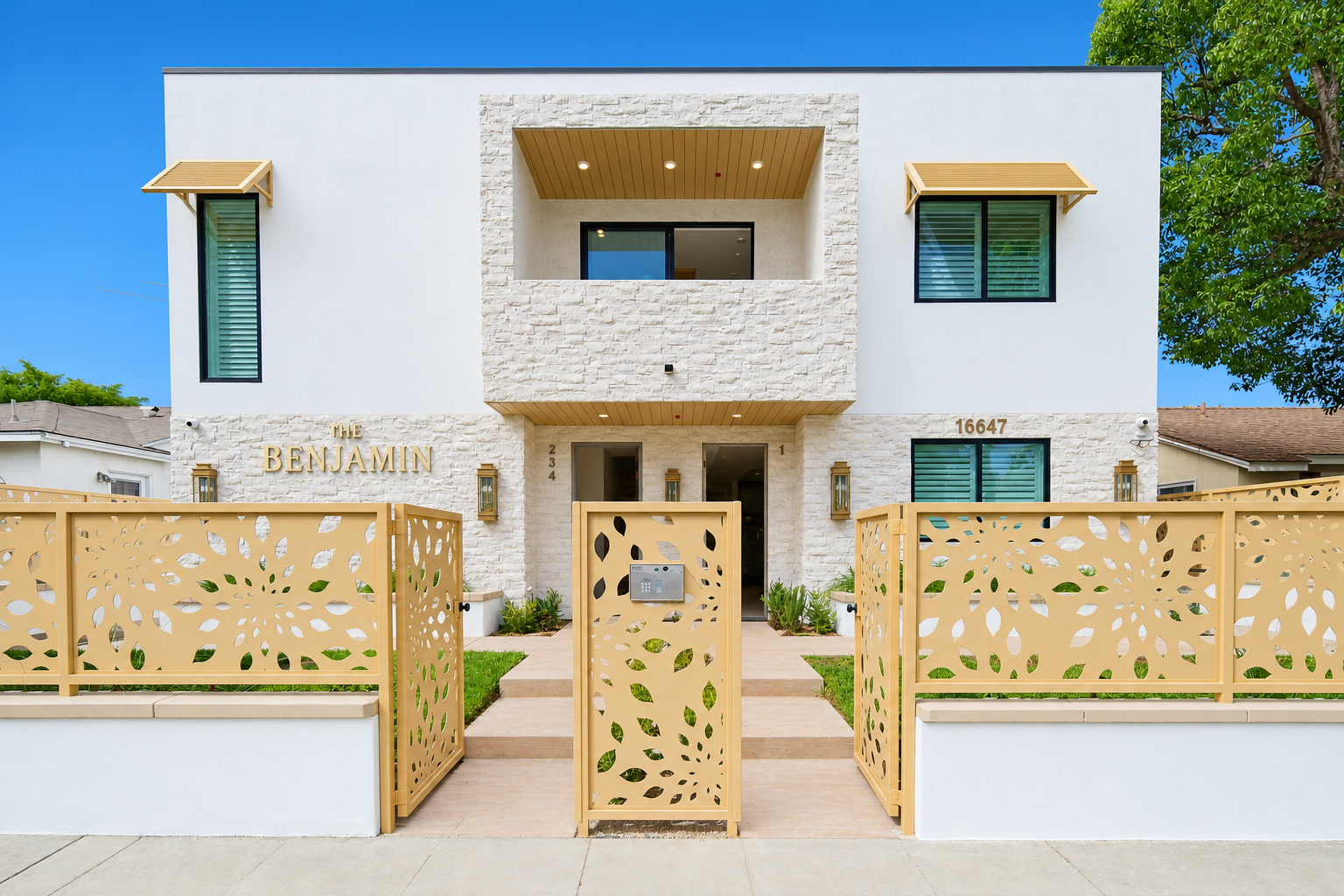 Completed project — 32: The Benjamin apartment building and decorative gated entry